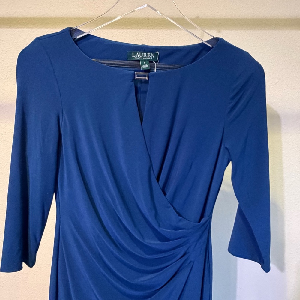 Ralph Lauren Navy Ruched Wrap-Front Long Sleeve Dress - Picture 2 of 9